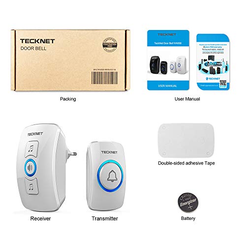 TECKNET Timbre inalámbrico,Timbre de Puerta con Indicadores LED, Resistente al Agua, 32 Melodías, Alcance a 250m, 4 Niveles de Volumen (1 Receptor y 1 Transmisor)