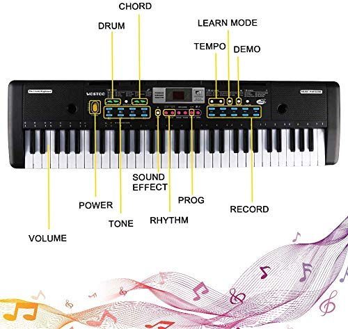 Teclado Electrónico Piano 61 Teclas, Teclado de Piano Portátil con Atril, Micrófono, Fuente de Alimentación, Música Digital, Teclado de Piano (negro)