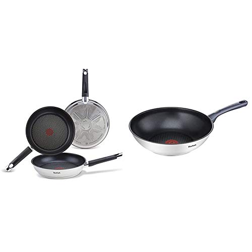 Tefal Emotion - Juego de 3 Sartenes Aluminio de 20, 24 y 26 cm, Antiadherente libre de PFOA + Daily Cook - Wok de 28 cm, antiadherente de acero inoxidable