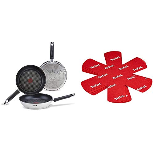 Tefal Emotion - Juego de 3 Sartenes Aluminio de 20, 24 y 26 cm, Antiadherente libre de PFOA + Pack de 4 protectores de ollas y sarténes, Tela, Rojo, 38x36x0.15 cm