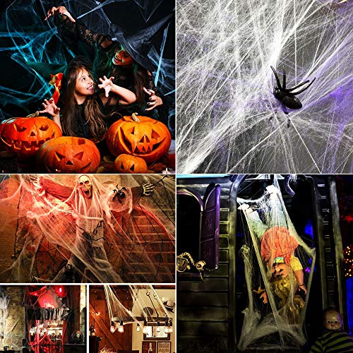 Tela Araña, Arañas Decoraciones Halloween, Casa Embrujada Telarañas, con 6 Negro Arañas, Decoración De Telarañas Blancas para Decoración De Casa Encantada De Halloween En Interiores Y Exteriores