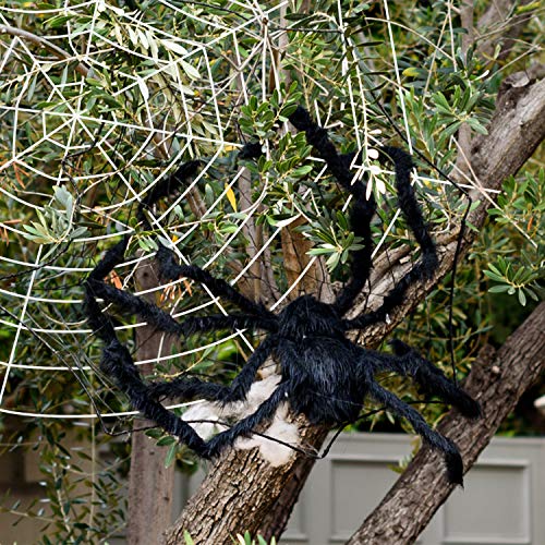 Telaraña de Halloween con araña gigante, tela de araña densa estirable de 200 pies cuadrados para decoraciones de interior y exterior de Halloween