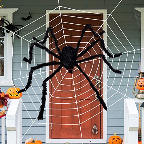 Telaraña de Halloween con araña gigante, tela de araña densa estirable de 200 pies cuadrados para decoraciones de interior y exterior de Halloween