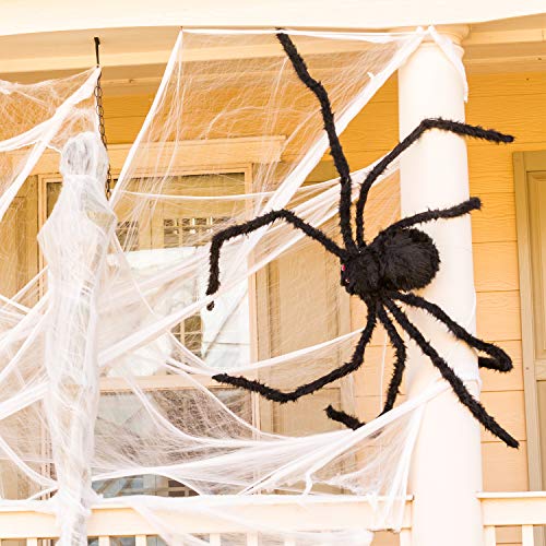 Telaraña de Halloween con araña gigante, tela de araña densa estirable de 200 pies cuadrados para decoraciones de interior y exterior de Halloween