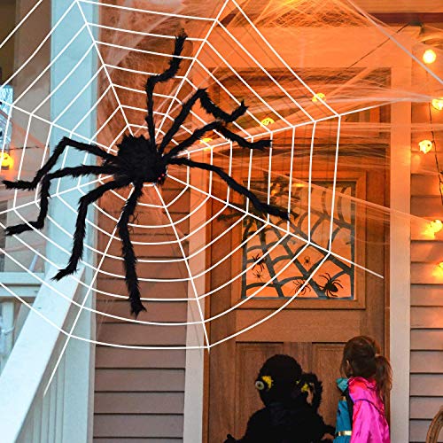 Telaraña de Halloween con araña gigante, tela de araña densa estirable de 200 pies cuadrados para decoraciones de interior y exterior de Halloween