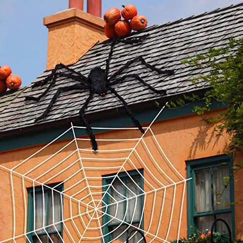 Telaraña de Halloween con araña gigante, tela de araña densa estirable de 200 pies cuadrados para decoraciones de interior y exterior de Halloween