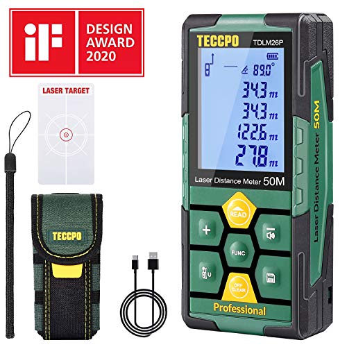 Telémetro láser 50m, USB 30mins Carga rápida, TECCPO Medidor Láser, Electrónico Ángulo Sensores, 99 Datos, 2.25'' LCD Retroiluminación, Medición de distancia, Área, Volumen, Trípode, IP54, TDLM26P