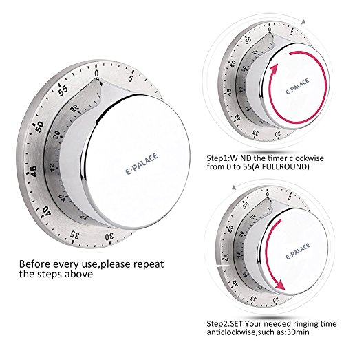 Temporizador de cocina, temporizador de cocina con soporte magnético de alarma, cuerpo de acero inoxidable, temporizador mecánico de cuenta atrás recordatorio de cocina, color plateado