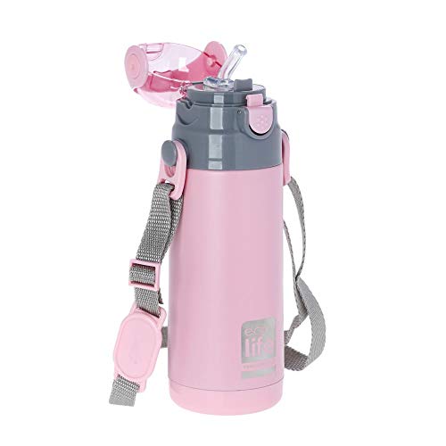 Termo de acero inoxidable con aislamiento al vacío para niños, botella de 400 ml, reutilizable, con correa para colgar, para niños, escuela, hogar, exteriores, color rosa