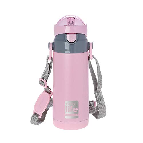 Termo de acero inoxidable con aislamiento al vacío para niños, botella de 400 ml, reutilizable, con correa para colgar, para niños, escuela, hogar, exteriores, color rosa