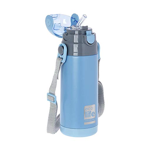 Termo de acero inoxidable con pajita interior sin BPA, 400 ml, con correa desmontable para sujetar fácilmente agua caliente o fría, ideal para niños pequeños, escuela, hogar, exteriores, niños azules