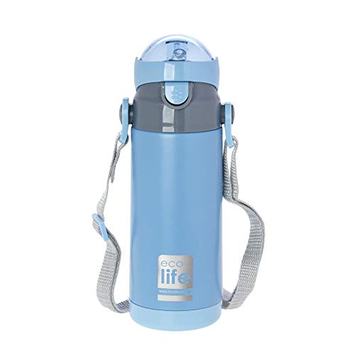 Termo de acero inoxidable con pajita interior sin BPA, 400 ml, con correa desmontable para sujetar fácilmente agua caliente o fría, ideal para niños pequeños, escuela, hogar, exteriores, niños azules