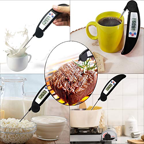 Termómetro Cocina Digital, Termometro de Carne de Lectura Instantánea Temporizador Electrico de Alimentos con Sonda Apto para Comida Bebé, BBQ, Leche, Líquido, Vino, Pollo(Negro)