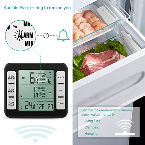 Termómetro del Refrigerador, ORIA Termometro Congelador Digital con 2 Sensores, Termómetro para Nevera para Interior y Exterior con Pantalla LCD y Audible de la Alarma, Registro Max/Min - Negro