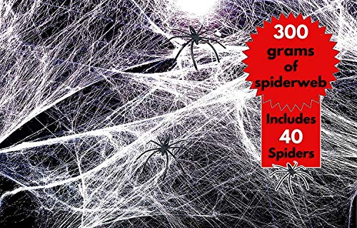 THE TWIDDLERS Set Deluxe de Telaraña Gigantesco! 300 Gramos de telaraña Estirable Junto a 40 arañas - Decoración Fiestas de Halloween - Usar sobre Muebles y muros.