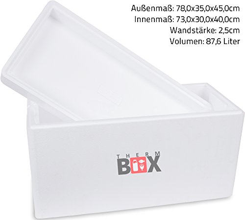 THERM BOX Caja de espuma de poliestireno con una tapa, Thermobox para alimentos y bebidas I Caja de espuma de poliestireno para refrigeración y calentamiento (78,5x35,5x45cm - 87,60l volumen)