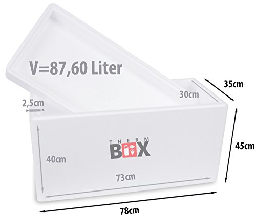 THERM BOX Caja de espuma de poliestireno con una tapa, Thermobox para alimentos y bebidas I Caja de espuma de poliestireno para refrigeración y calentamiento (78,5x35,5x45cm - 87,60l volumen)