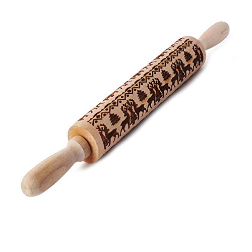 TheStriven Rodillo Navidad Madera Grabado en Relieve Rodillo Tallado de Navidad Rodillo Amasar Patrones de Alce de Navidad Rolling Pin Madera Embossing Rolling Pin para Galleta DIY Creativo Regalo (B)