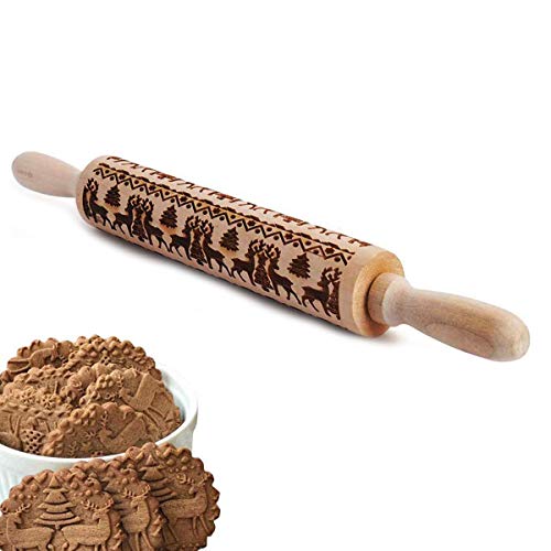 TheStriven Rodillo Navidad Madera Grabado en Relieve Rodillo Tallado de Navidad Rodillo Amasar Patrones de Alce de Navidad Rolling Pin Madera Embossing Rolling Pin para Galleta DIY Creativo Regalo (B)