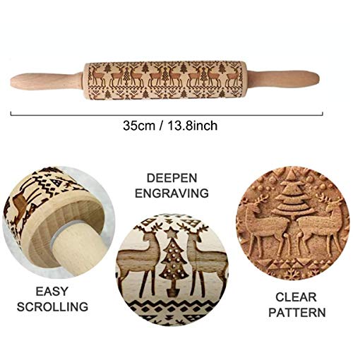 TheStriven Rodillo Navidad Madera Grabado en Relieve Rodillo Tallado de Navidad Rodillo Amasar Patrones de Alce de Navidad Rolling Pin Madera Embossing Rolling Pin para Galleta DIY Creativo Regalo (B)