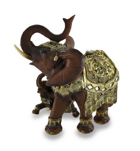 Things2Die4 Exotic Madera Look Trumpeting Madre y Ternero tailandés Estatua de Elefante