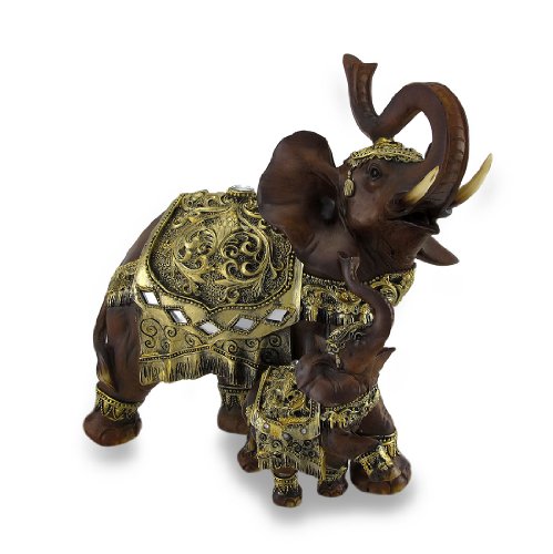 Things2Die4 Exotic Madera Look Trumpeting Madre y Ternero tailandés Estatua de Elefante