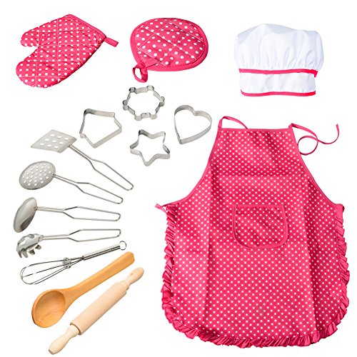 ThinkMax 15 Piezas Conjunto De Juego Chef Juegos De Pretexto De Vestuario De Cocina, Delantal De Cocina con Utensilios para Niñas (Rojo)