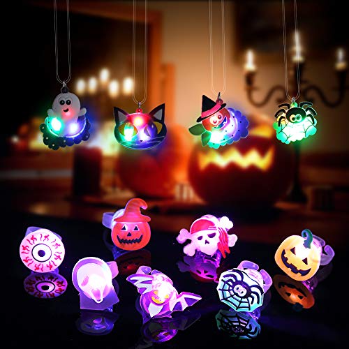 ThinkMax 48 Pcs Anillos LED Collares con 6 Tatuajes de Halloween, Suministros para Fiestas Infantiles para Fiestas de Halloween, Relleno de Bolsa de Regalos