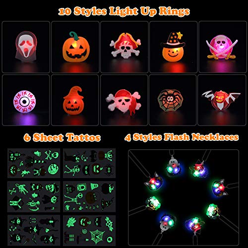 ThinkMax 48 Pcs Anillos LED Collares con 6 Tatuajes de Halloween, Suministros para Fiestas Infantiles para Fiestas de Halloween, Relleno de Bolsa de Regalos