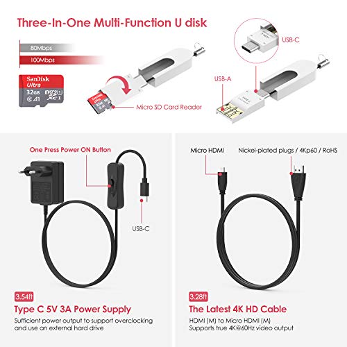 TICTID Raspberry Pi 4 Modelo B 4GB Kit, Versión Actualizada de Raspberry pi 3 con Tarjeta MicroSD de 32GB, Adaptador tipoC 5V 3A con Interruptor, Ventilador, Estuche y Lector de Tarjetas, etc