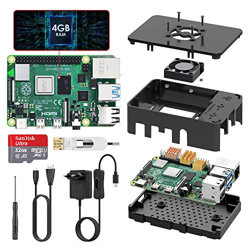 TICTID Raspberry Pi 4 Modelo B 4GB Kit, Versión Actualizada de Raspberry pi 3 con Tarjeta MicroSD de 32GB, Adaptador tipoC 5V 3A con Interruptor, Ventilador, Estuche y Lector de Tarjetas, etc