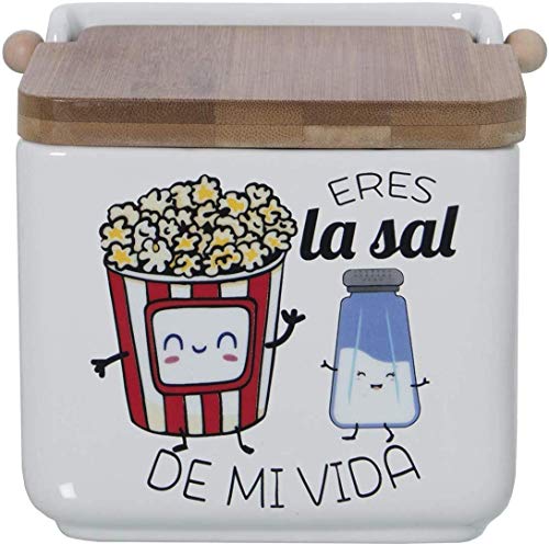 TIENDA EURASIA® Salero y Azucarero de Cocina - Cerámica con Tapa de Bambú - Diseño Original (Eres LA Sal DE MI Vida Y AZUCAR)