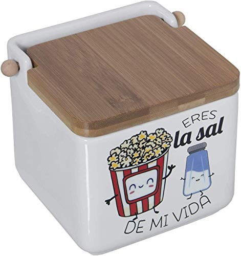 TIENDA EURASIA® Salero y Azucarero de Cocina - Cerámica con Tapa de Bambú - Diseño Original (Eres LA Sal DE MI Vida Y AZUCAR)