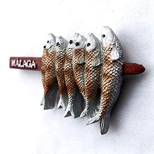 Time Traveler Go Málaga España Delicious Snack Grill Fish Pinchos de resina 3D imán para refrigerador de recuerdos colección de regalo para el hogar y la cocina, imán magnético para nevera