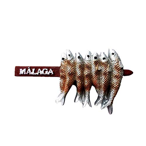 Time Traveler Go Málaga España Delicious Snack Grill Fish Pinchos de resina 3D imán para refrigerador de recuerdos colección de regalo para el hogar y la cocina, imán magnético para nevera