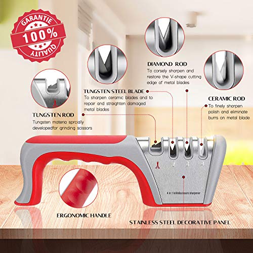 Tintec Afilador de Cuchillos, Afilador Cuchillos Profesional con 4 Ranuras para Cuchillos de Cocina Afilador Manual para Cuchillos de Todo Tamaño del Hogar, con Guantes Anticortes