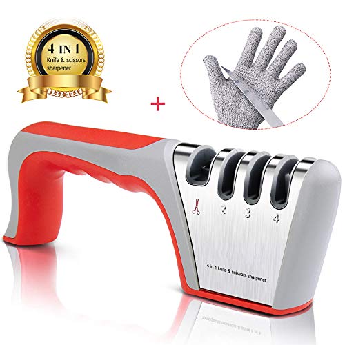 Tintec Afilador de Cuchillos, Afilador Cuchillos Profesional con 4 Ranuras para Cuchillos de Cocina Afilador Manual para Cuchillos de Todo Tamaño del Hogar, con Guantes Anticortes