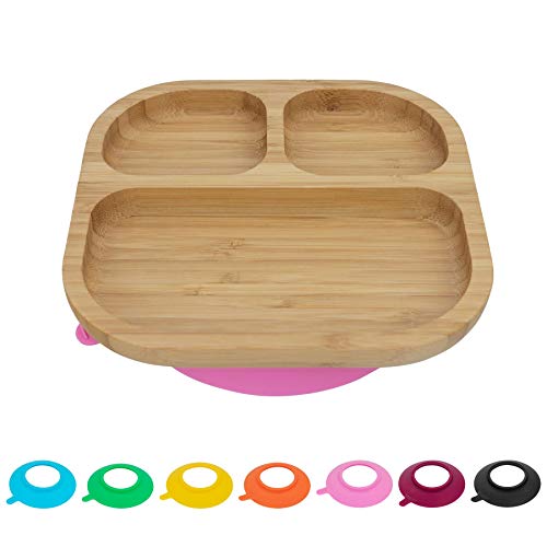 Tiny Dining Bandeja Infantil con Compartimentos para la Comida - con Ventosa para Que no se mueva de su Sitio - Bambú - Rosa