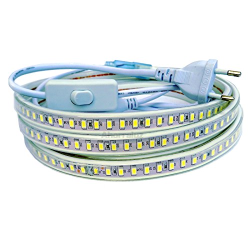 Tira Led de 220v 5730 120 Led/m con INTERRUPTOR. IMPERMEABLE Blanco Frío o Cálido Waterproof IP67 strip 5630 (1M, Blanco Frío)