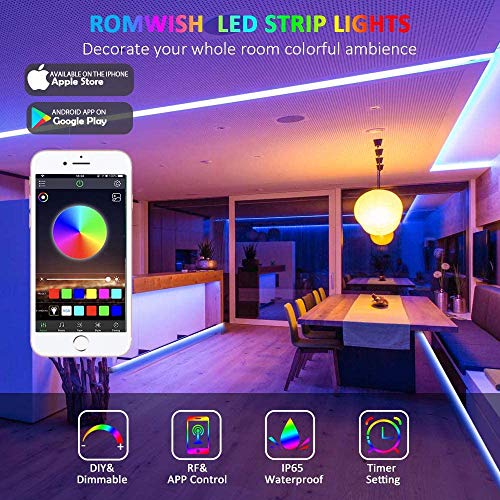 Tiras LED Impermeable 10M, Romwish IP65 5050 SMD RGB 300 LEDs con Control Remoto RF de 44 Botones & Control Bluetooth,para la Habitación, Dormitorio, fiestas, bares