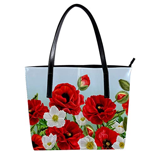 TIZORAX - Bolso de mano de piel sintética para mujer, diseño de amapolas rojas y anémonas blancas