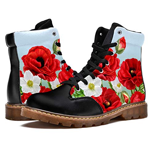 TIZORAX Botas de invierno para las mujeres Amapolas rojas y Anémonas blancas Flores imprime la parte superior alta con cordones clásicos zapatos escolares de lona, color Multicolor, talla 40.5 EU