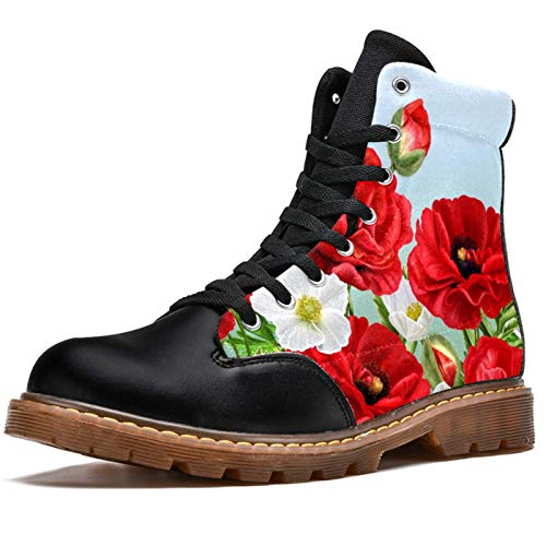 TIZORAX Botas de invierno para las mujeres Amapolas rojas y Anémonas blancas Flores imprime la parte superior alta con cordones clásicos zapatos escolares de lona, color Multicolor, talla 40.5 EU