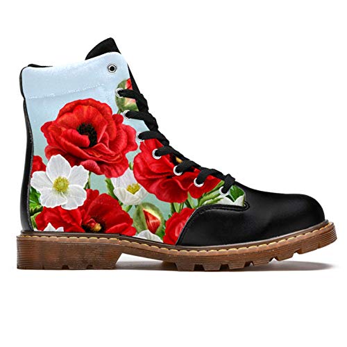 TIZORAX Botas de invierno para las mujeres Amapolas rojas y Anémonas blancas Flores imprime la parte superior alta con cordones clásicos zapatos escolares de lona, color Multicolor, talla 40.5 EU