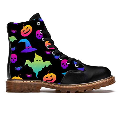 TIZORAX Botas de invierno para las mujeres Halloween fantasmas bruja sombreros arañas calaveras calabazas impresiones alta superior encaje clásico zapatos de la escuela, color Multicolor, talla 39 EU