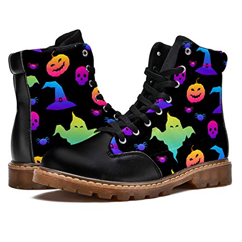 TIZORAX Botas de invierno para las mujeres Halloween fantasmas bruja sombreros arañas calaveras calabazas impresiones alta superior encaje clásico zapatos de la escuela, color Multicolor, talla 39 EU