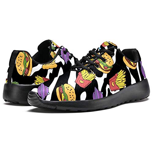 TIZORAX Zapatillas de correr para mujer, hamburguesas y patatas fritas a la moda Zapatillas de deporte de malla transpirable caminando senderismo tenis zapato, color Multicolor, talla 36.5 EU