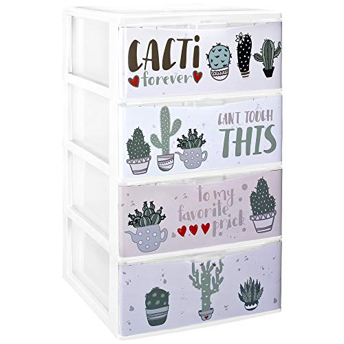 TODO HOGAR - Cajonera Apilable Plastico - Modelo Iris - Modelo de 3 Cajones con Decorado Cactus (380 x370 x626 mm)