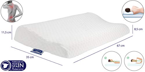 Todocama - Almohada viscoelástica Cervical con diseño ergonómico terapéutico. Doble Funda extraíble y Lavable. Fabricada íntegramente en España. Almohada Premium. (67x35x13cm)