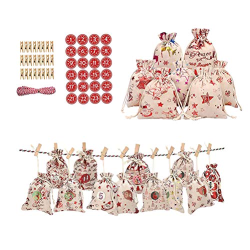 Tomaibaby 1 Juego de Bolsas de Calendario de Adviento Bolsa de Dulces Navideños Bolsas de Arpillera Lindas Bolsa de Regalo Bolsas con Cordón